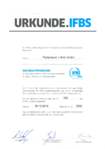 Urkunde des IFBS für die Plattenhardt+Wirth GmbH. Dies bescheinigt die Prüfung der Qualität für den Industriebau und Kühlraumbau. 