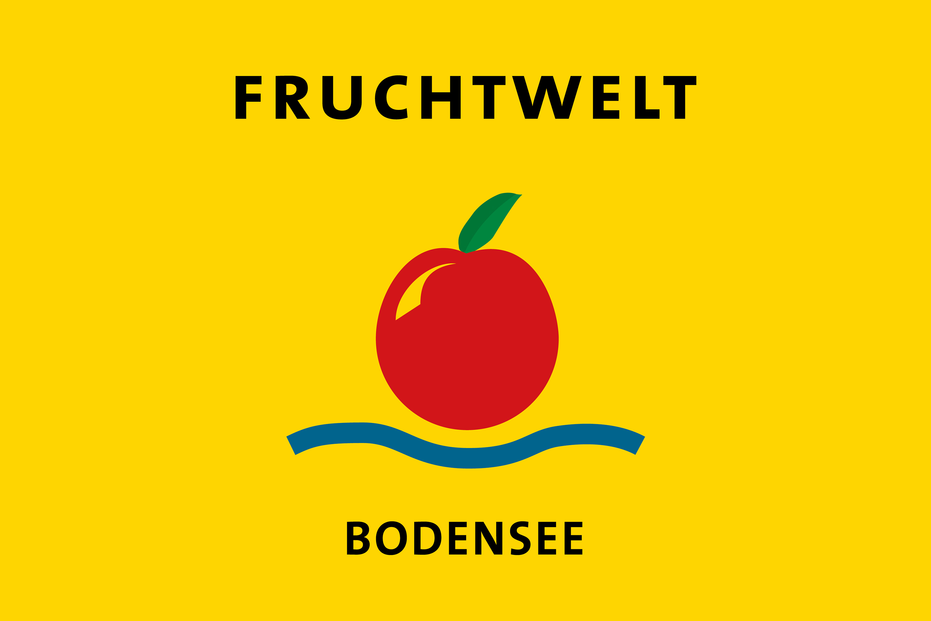 Logo der Messe Fruchtwelt am Bodensee. Roter Apfel vor gelben Hintergrund.